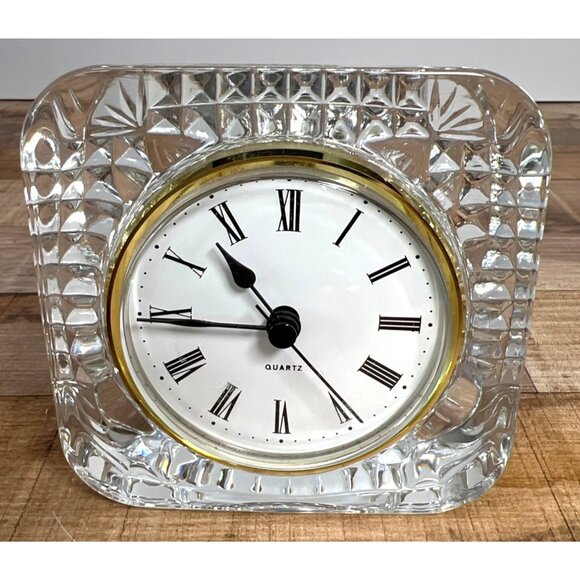 Vintage Quartz Lead Crystal Desk Clock With Roman Numerals & Gold Trim Heavy - Picture 1 of 4